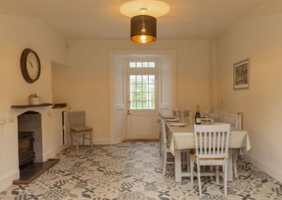 Dining room with table and tiled floor
